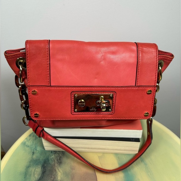 MILLY Leather Chainstrap Shoulder Bag Purse Salmon Red Pink Gold Hardware - Picture 6 of 11